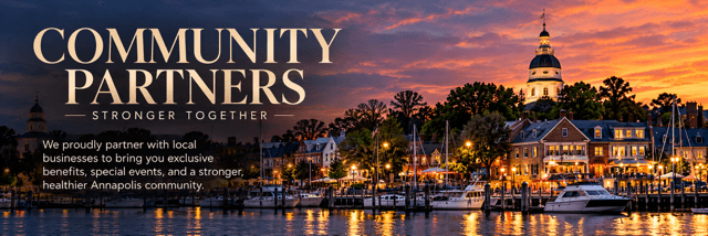 Community Partners artwork showing the Annapolis waterfront and local business partnership message.