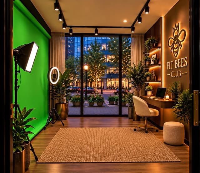 Fitness content studio with a green screen and filming equipment