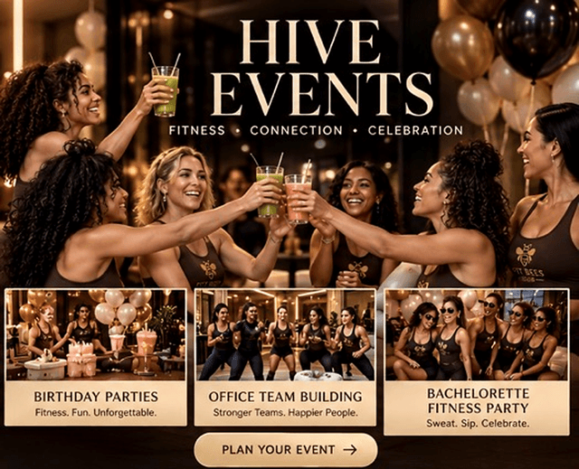 Hive Events graphic featuring fitness gatherings, celebrations, and event options.