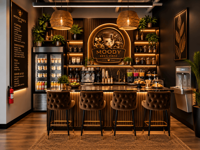 Moody Bee's Cafe counter, coffee bar, and seating